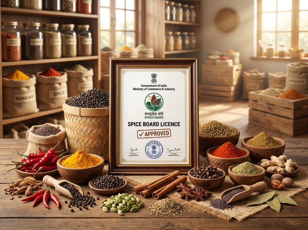 Spice Board Licence Approved certificate with Indian spices on a wooden table